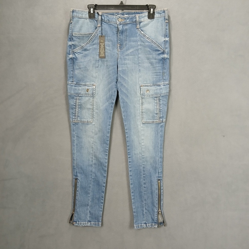 London Jeans Women 8 Blue Denim Cotton Stretch Cargo Pocket Skinny Leg Ankle Zip